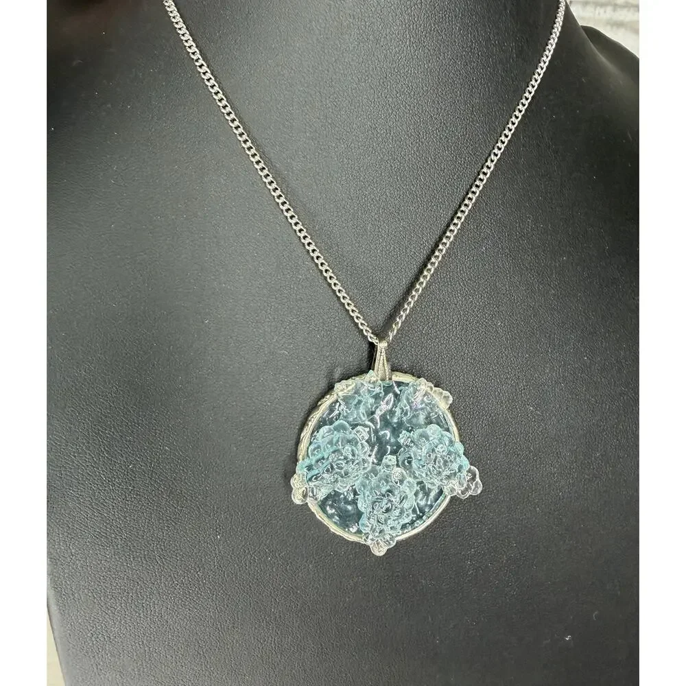 Vintage Blue Lucite Molded Grapes Pendant Necklace & Matching Earrings